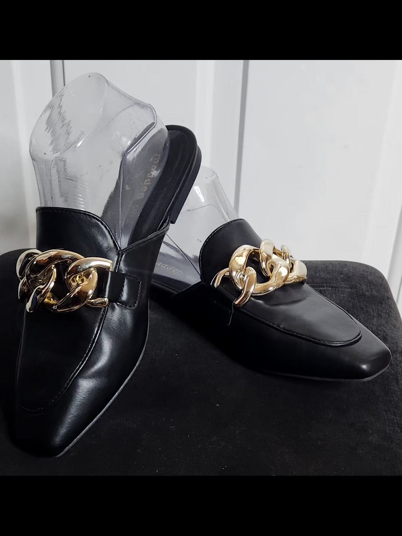 Madden Girl Black Slip-On Mules With Gold Chain Size 7.5